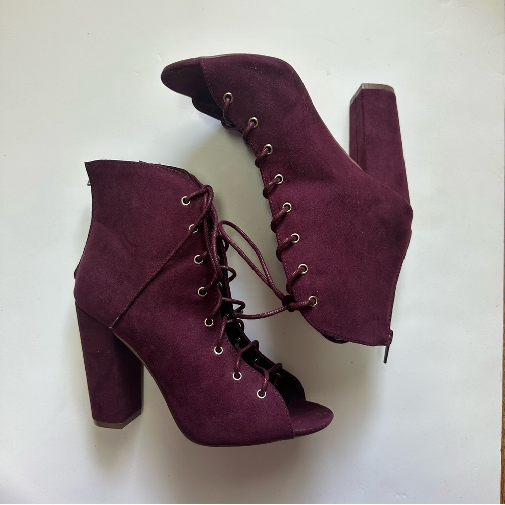 Burgundy Lace Up Ankle Boots with Chunky Heel and Peep Toe